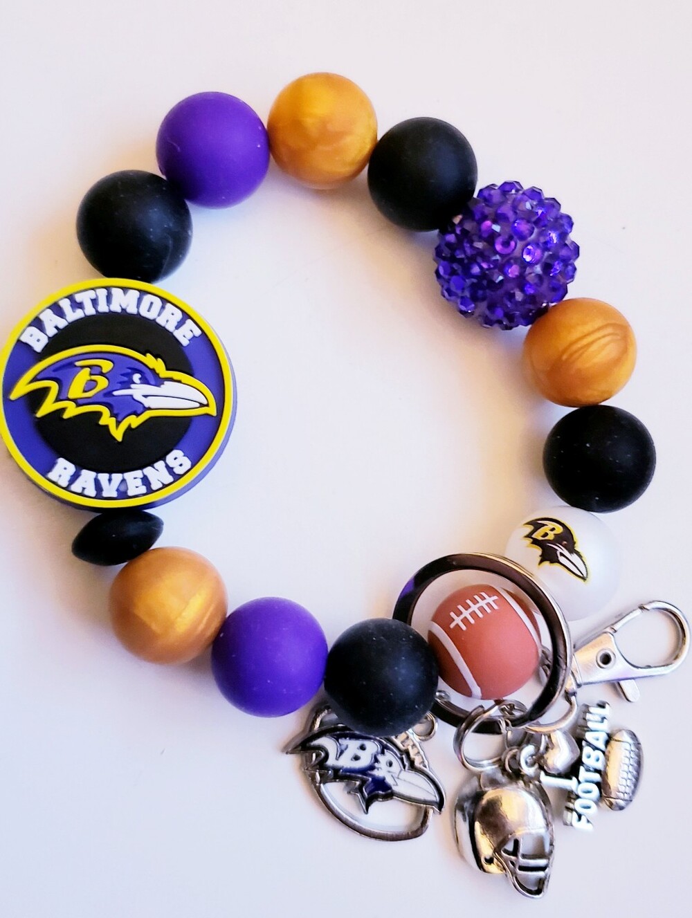 Handmade Ravens Beaded Silicone Focal Bead Wristlet Keychain Bracelet